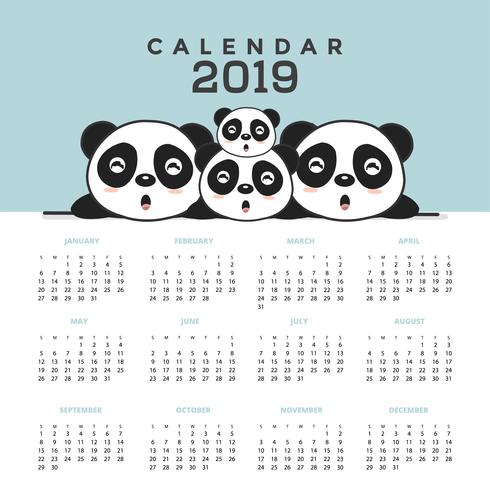 Calendrier 2019 avec de jolis pandas. vecteur