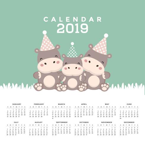 Calendrier 2019 avec un mignon hippopotame. vecteur