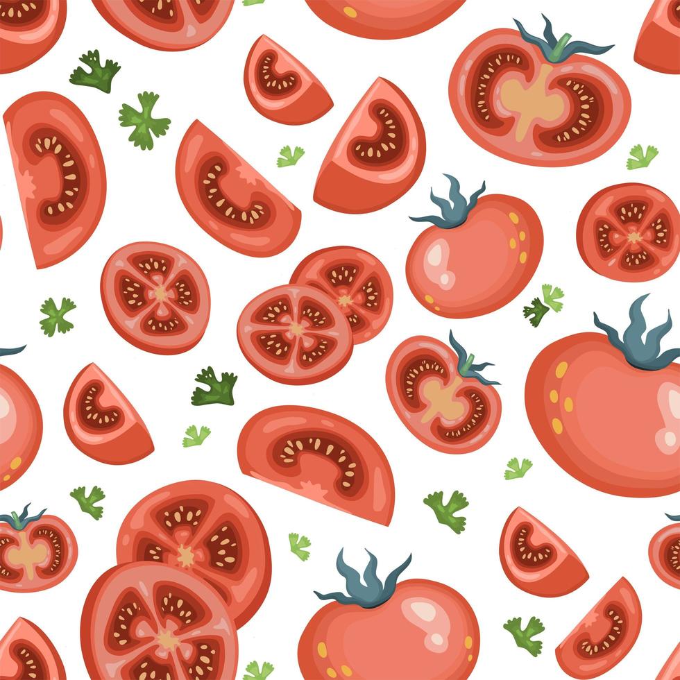 fond transparent de tomates juteuses et de verts sur fond blanc. une variété de fruits mûrs, d'anneaux et de morceaux. modèle vectoriel en style cartoon pour tissu ou emballage