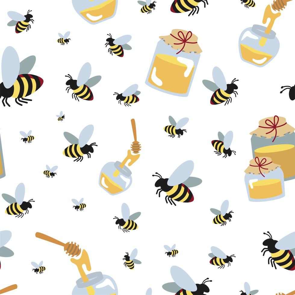 arrière-plan harmonieux de pots de miel sucré et d'abeilles sur fond blanc. des insectes à miel dépareillés, une cuillère à miel et des pots de miel. modèle vectoriel en style cartoon pour rucher ou emballage