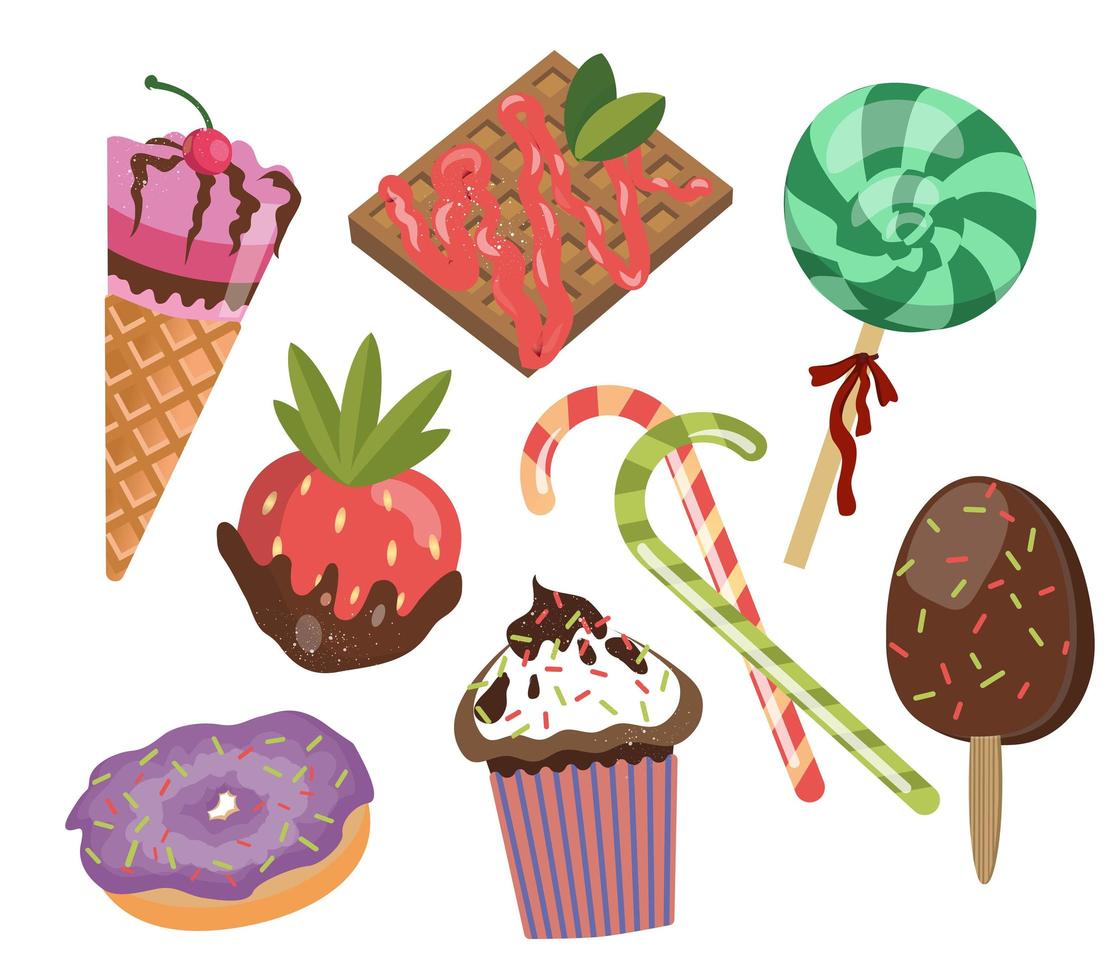 ensemble d'icônes de bonbons de dessin animé. illustration vectorielle de cupcake, beignet, gaufre, crème glacée pour les vacances, emballages, menus et recettes. vecteur