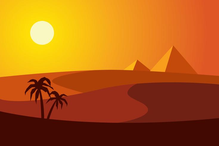 Coucher de soleil dans le désert avec des pyramides et deux palmiers. vecteur