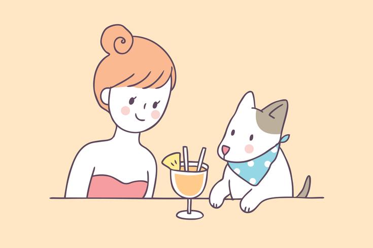 Vecteur de dessin animé femme et chien été mignon.