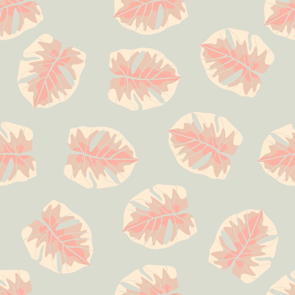 motif de doodle sans couture pastel clair avec des silhouettes de feuilles de monstère aléatoires. illustration de palette douce rose et bleu. vecteur