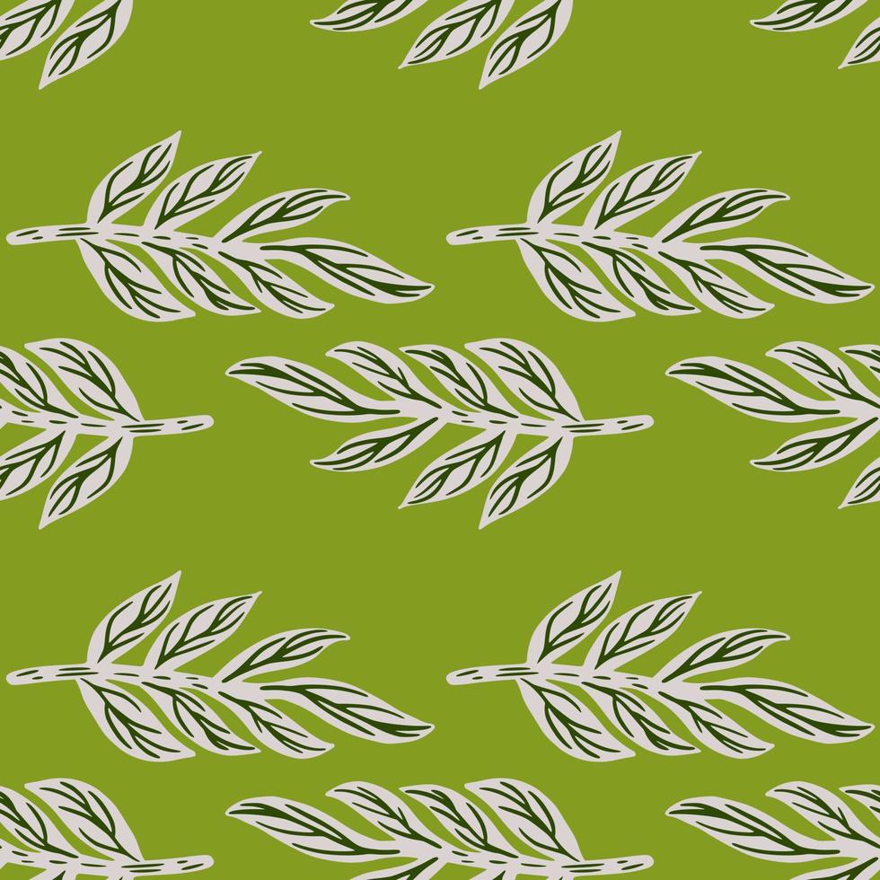 tropique gris feuilles branches motif de doodle sans soudure. fond vert. toile de fond flore nature doodle. vecteur