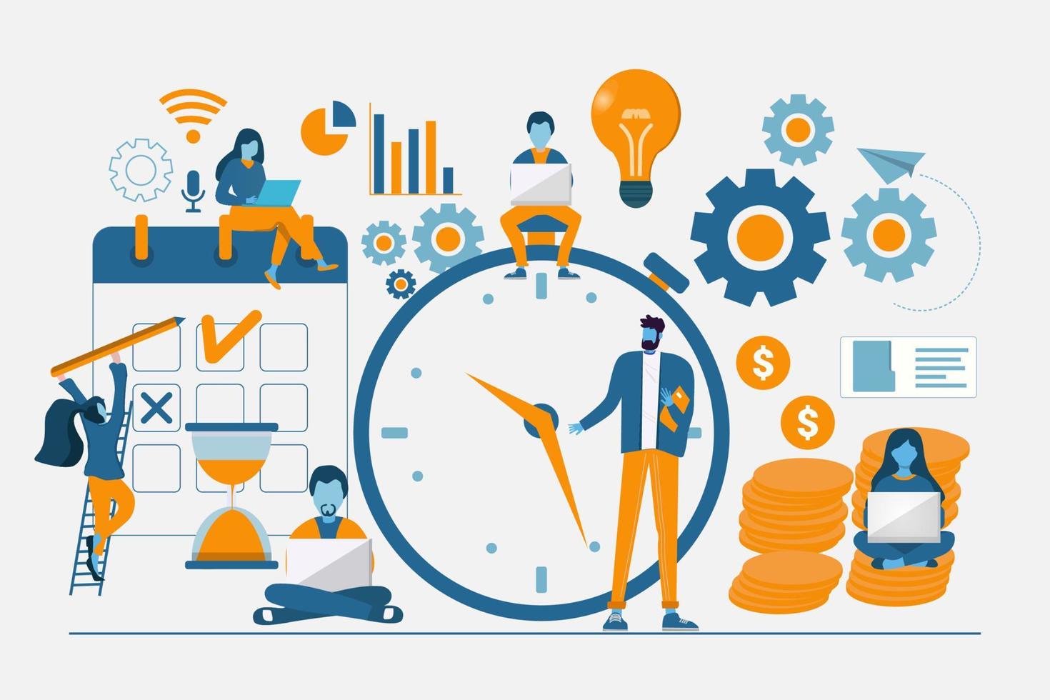 symboles de gestion du temps efficace éléments plats sertis de tâches planification activités de formation calendrier points de contrôle isolés vecteur