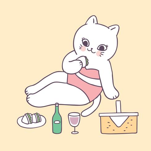 Vecteur de chat et pique-nique sexy été mignon de bande dessinée.