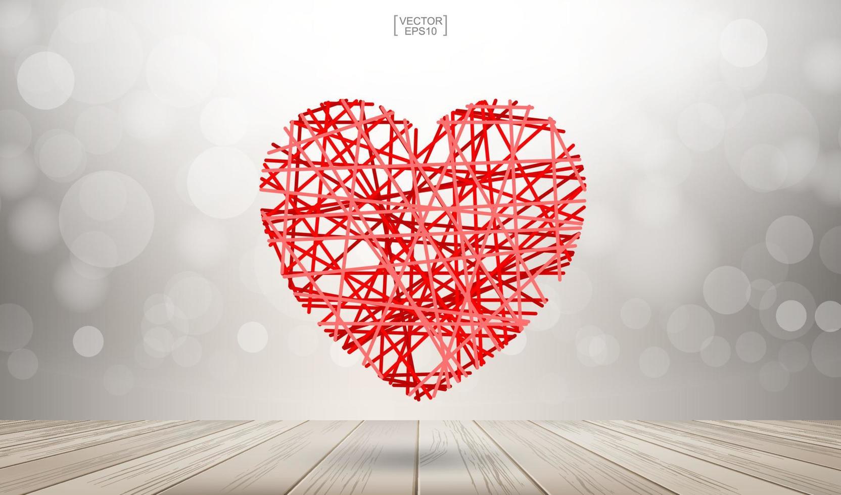 coeur rouge abstrait flottant sur fond de texture en bois avec léger bokeh flou. vecteur. vecteur
