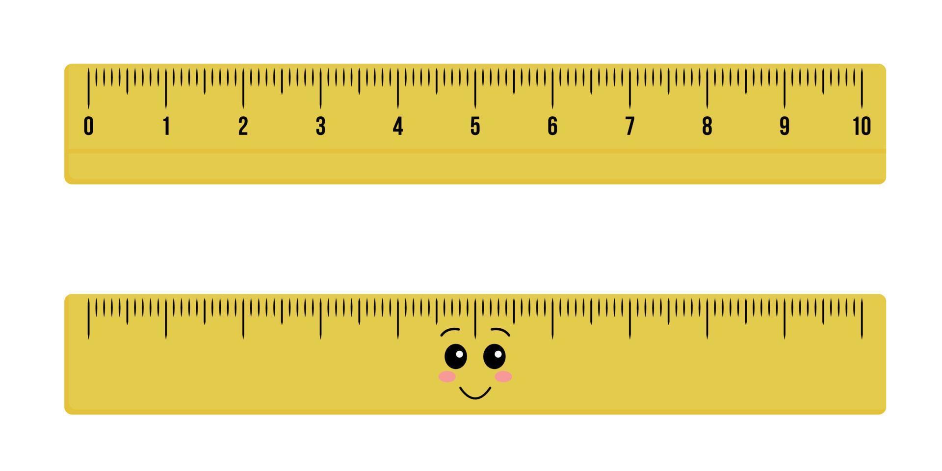 Joli instrument de mesure de règle en bois ou en plastique kawaii isolé sur fond blanc. règle de mesure scolaire jaune en centimètres. illustration vectorielle plate vecteur