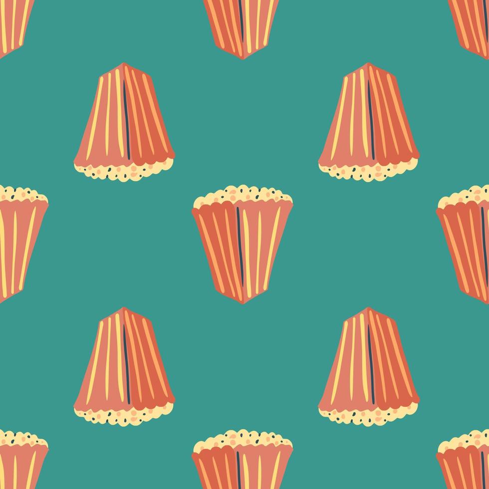 modèle sans couture minimaliste avec des éléments de pop-corn rouge doodle. formes alimentaires stylisées sur fond turquoise. vecteur