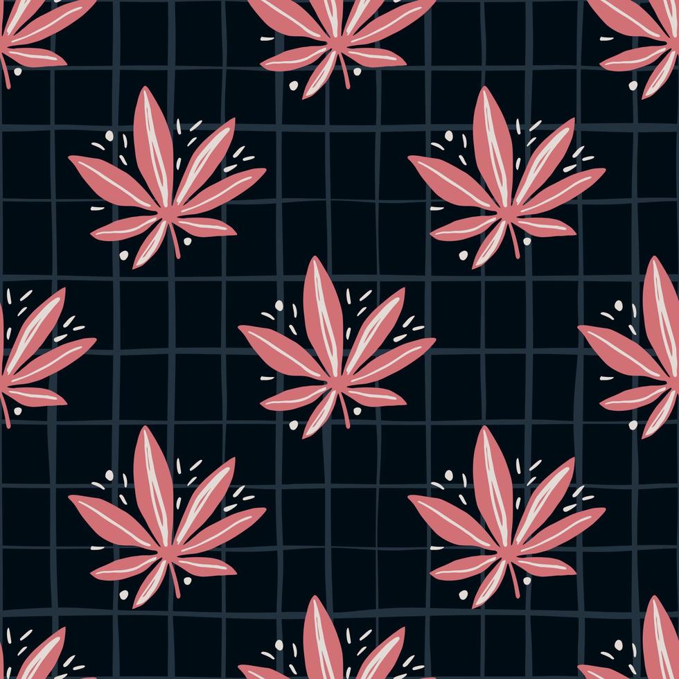 motif de marijuana harmonieux et lumineux. fond noir avec feuilles de cannabis à carreaux et tons roses. vecteur