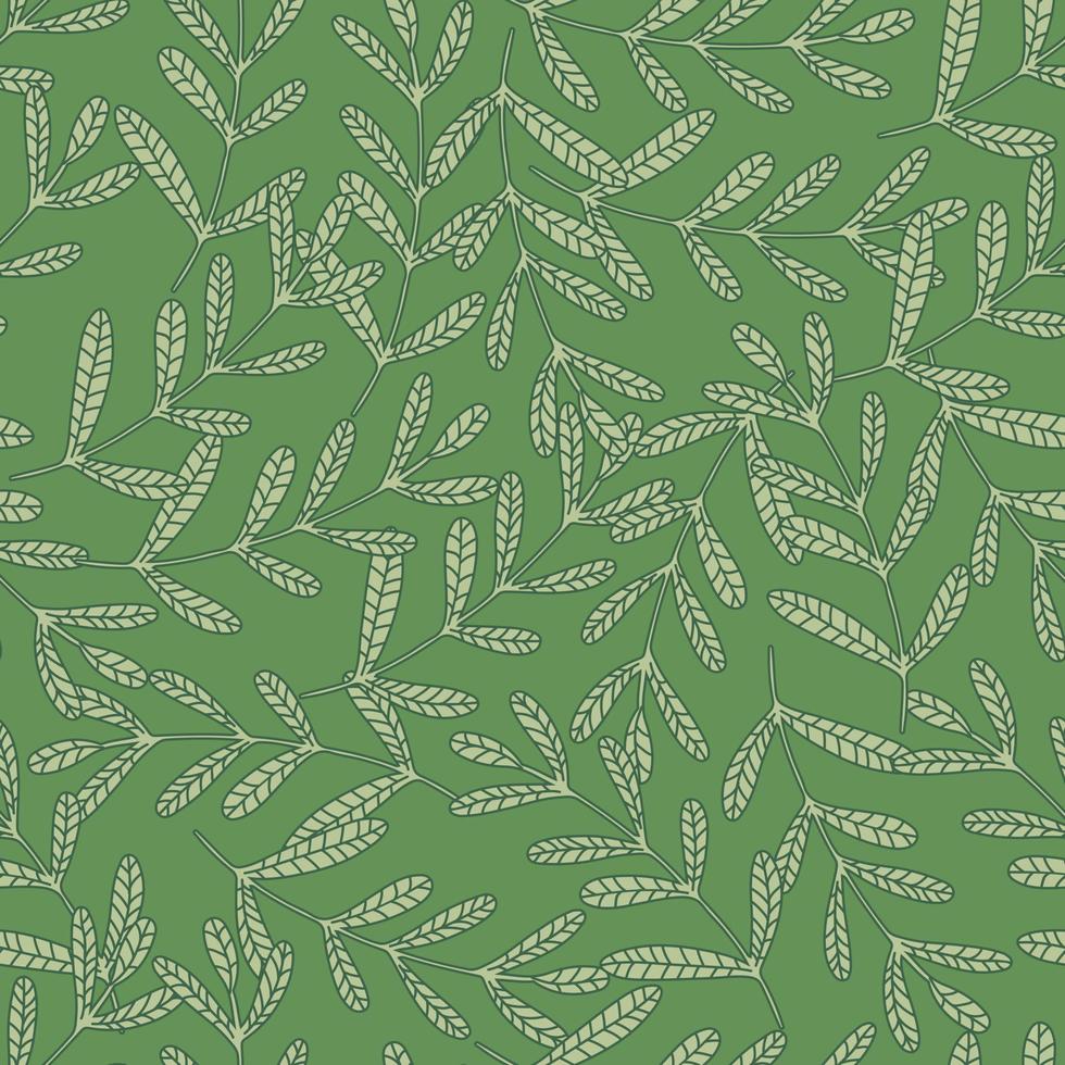 fond d'écran de feuilles dessinées à la main. la forêt laisse un motif sans couture sur fond vert. vecteur
