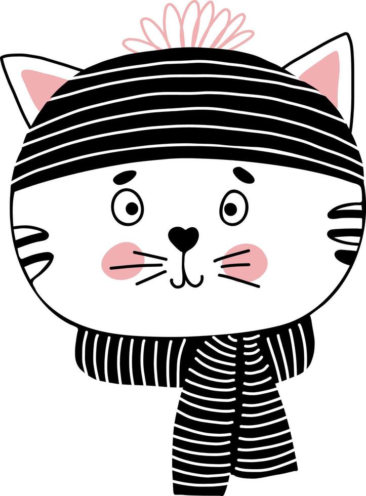 chat mignon en bonnet et écharpe d'hiver. illustration vectorielle. doodle linéaire dessiné à la main de personnage de chat pour la conception et la décoration vecteur