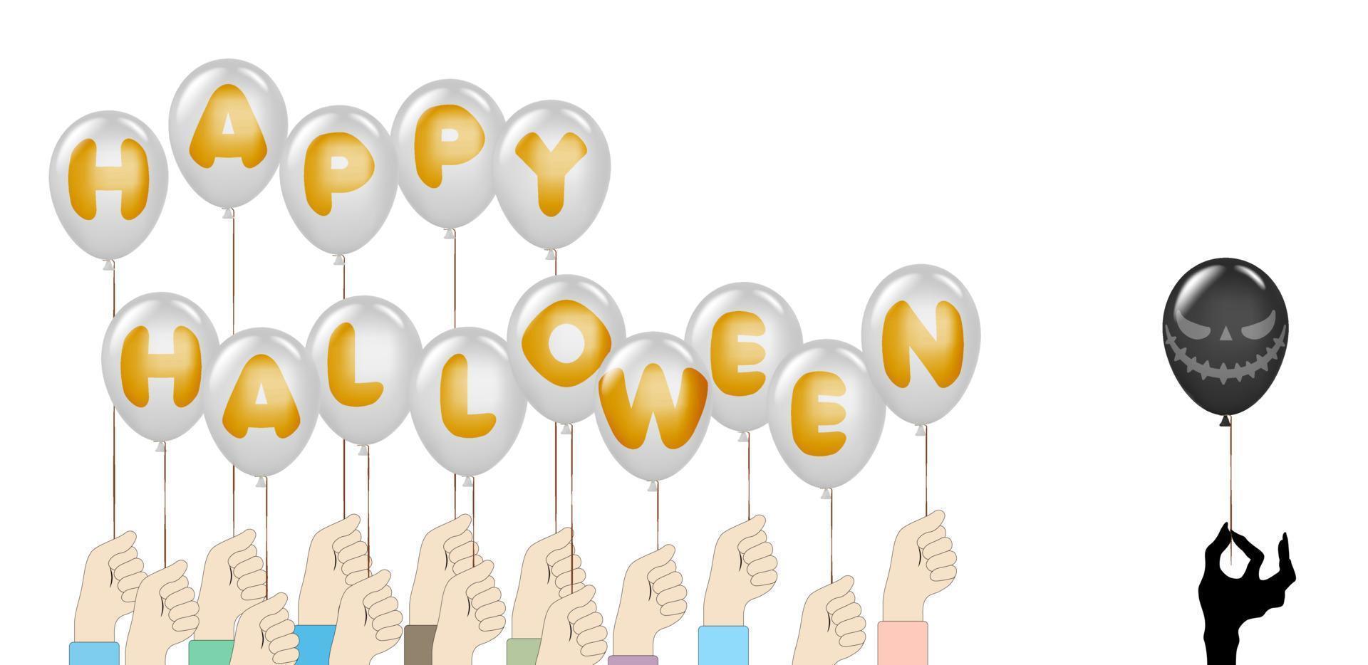 bannière d'halloween heureux avec des personnes prenant des ballons et une main de zombie. vecteur