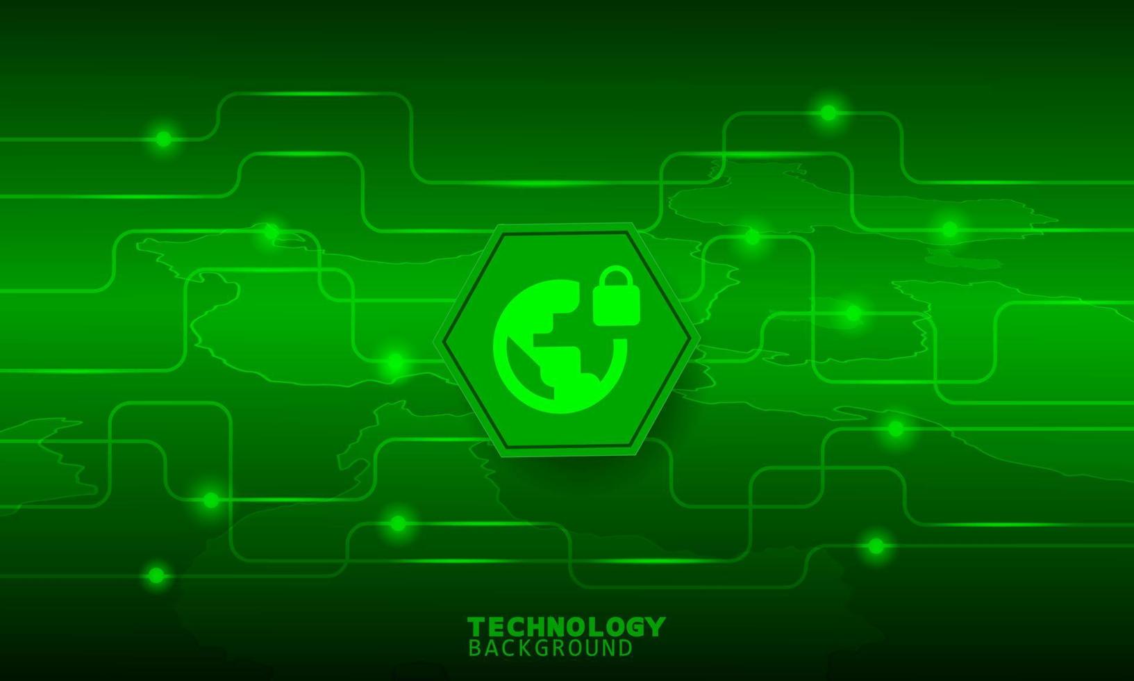 icône de verrouillage du monde dans l'hexagone vert avec des icônes de communication. vecteur