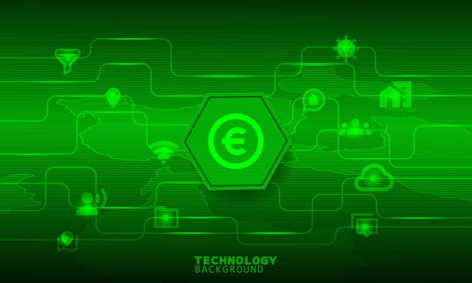 icône de cercle d'euro dans un hexagone vert. concept de connexion et de communication. vecteur