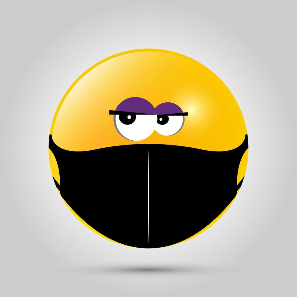 emoji avec masque de bouche noir. icône emoji jaune sur le modèle gris. illustration vectorielle vecteur