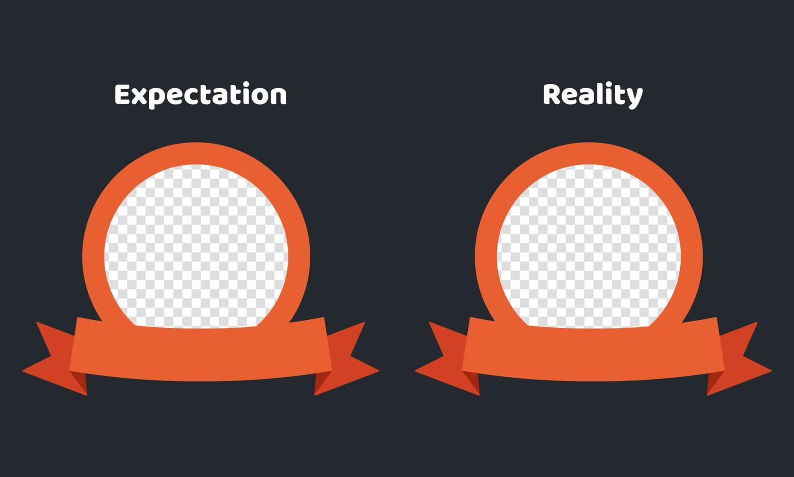 modèle d'attente et de réalité. définir un cadre de cercle vide avec ruban et fond transparent. modèle de comparaison. vecteur