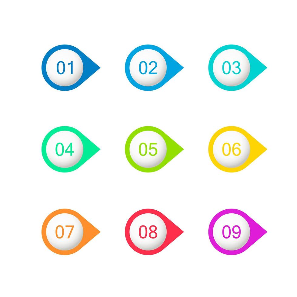 puces numérotées colorées. cercles plats avec des nombres de 1 à 9. vecteur