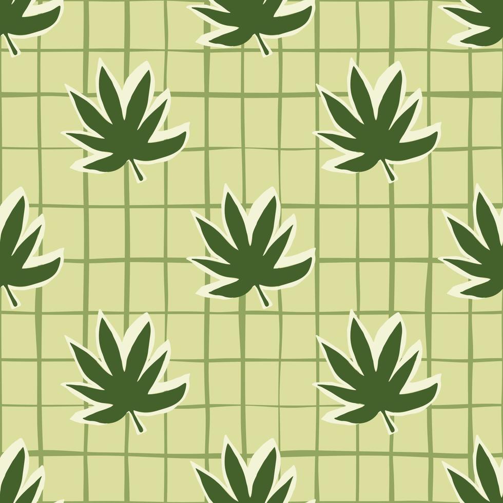 feuilles vertes de marijuana modèle sans couture. fond vert pastel avec chèque. vecteur