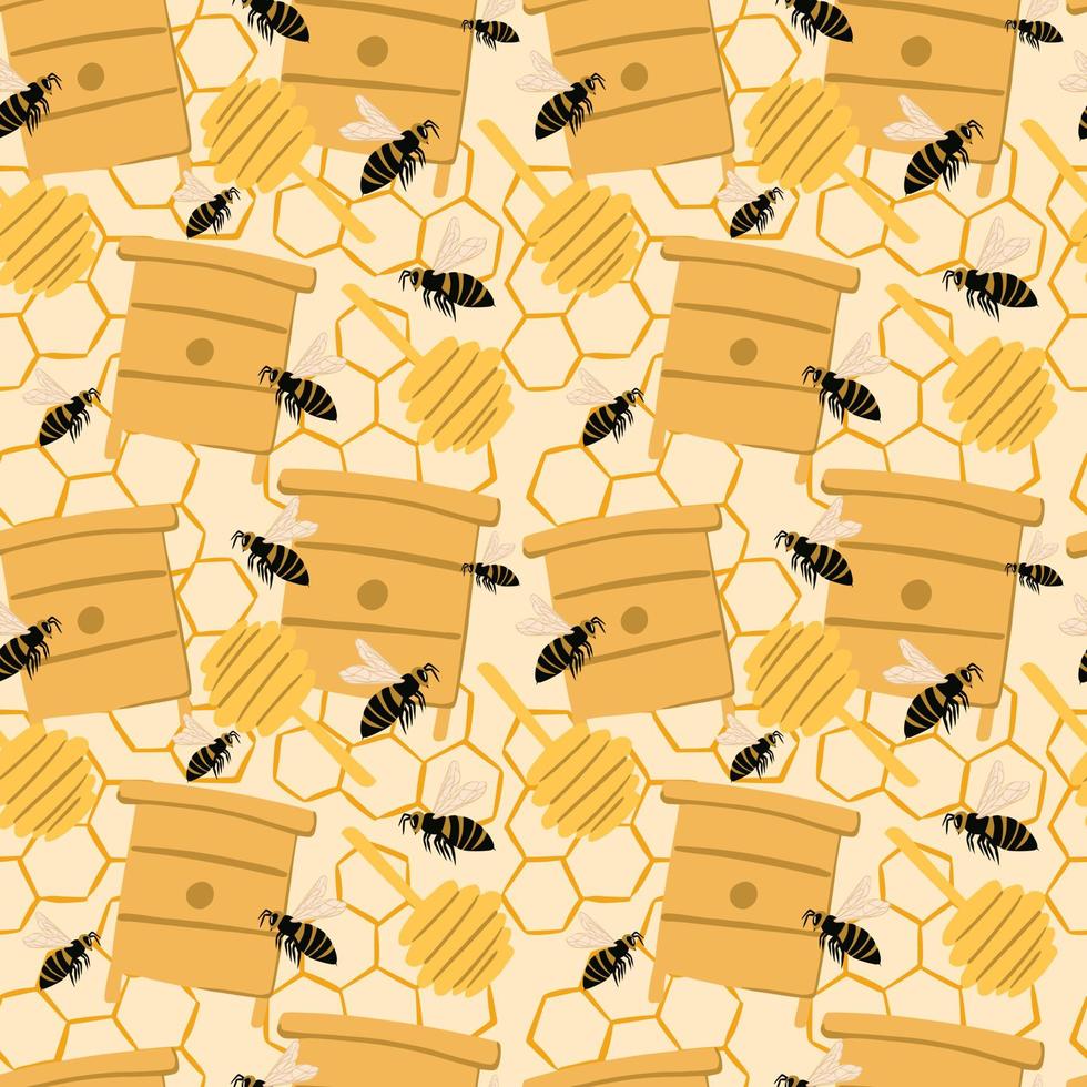 motif de miel sans soudure aléatoire avec des silhouettes d'abeilles et de ruches. fond pastel clair avec des nids d'abeilles. vecteur