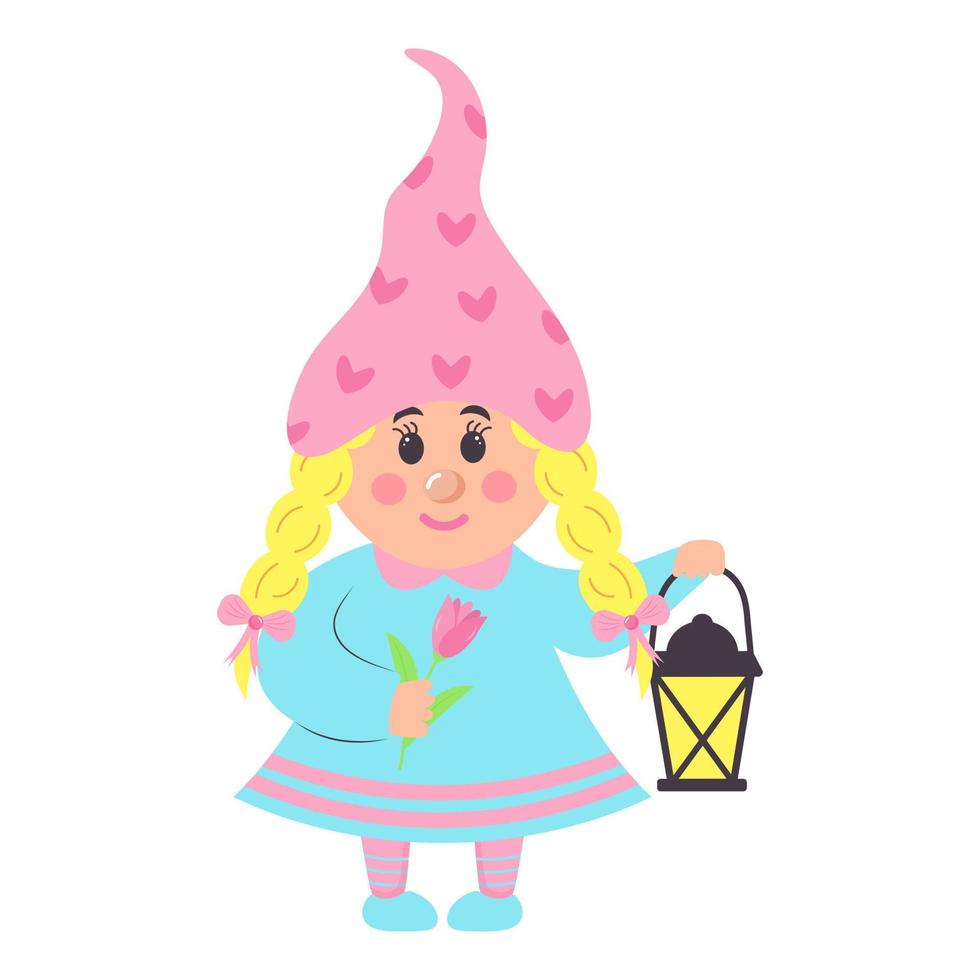 gnome de fille de jardin avec lanterne vintage et tulipe rose. personnage mignon de dessin animé. concept de printemps et de jardinage. vecteur