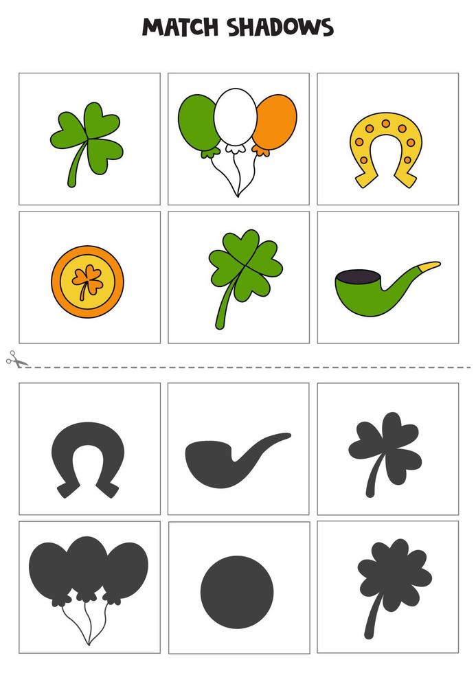 trouvez des ombres d'éléments mignons de la saint patrick day. cartes pour enfants. vecteur