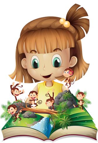 Petite fille et livre de singes dans la jungle vecteur