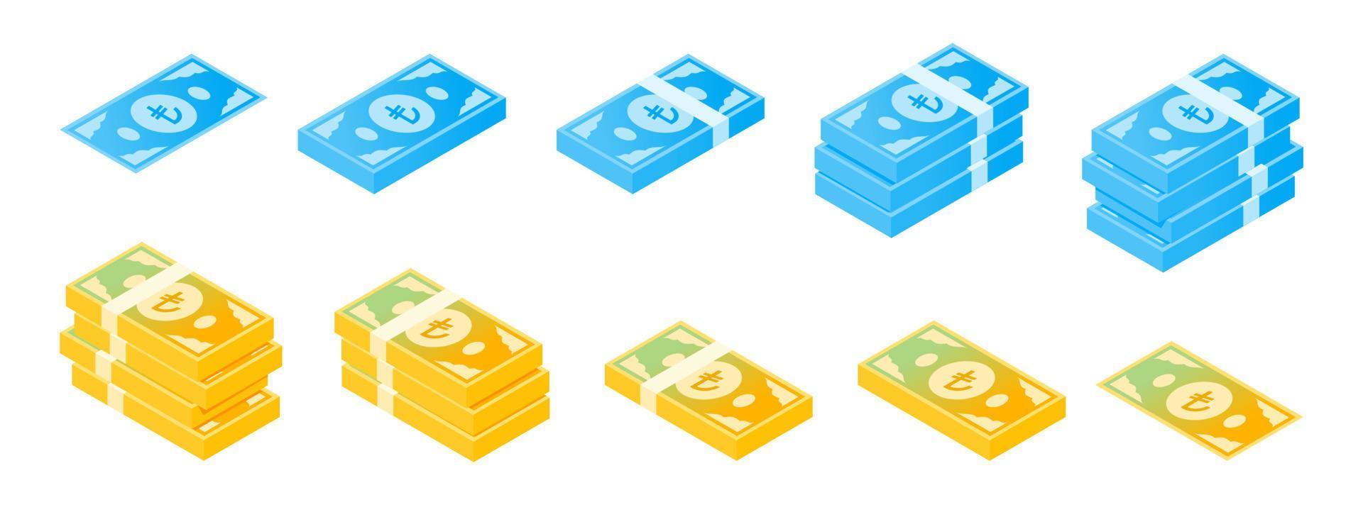 jeu d'icônes isométrique de billets de banque en lire turque vecteur