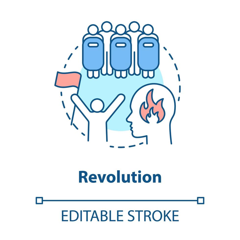 icône de concept de révolution. troubles civils, illustration de ligne mince d'idée de conflit. révolutionnaire avec drapeau et police anti-émeute avec dessin de contour isolé vectoriel de boucliers. soulèvement politique. trait modifiable