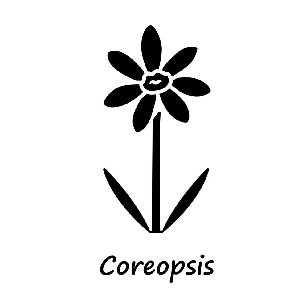 icône de glyphe de coreopsis. symbole de la silhouette. fleur de jardin de rudbeckia avec nom. inflorescence de la plante calliopsis. marguerite en fleurs, fleur sauvage de camomille. espace négatif. illustration vectorielle isolée vecteur
