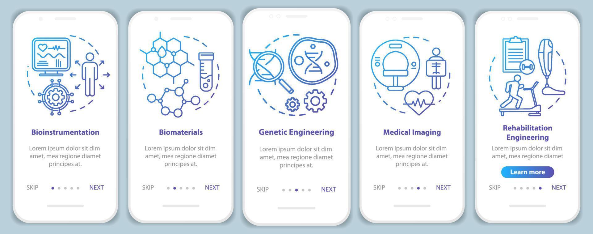 modèle de vecteur d'écran de page d'application mobile d'intégration de bioingénierie. l'imagerie médicale. bioinstrumentation. étapes du site Web pas à pas avec des illustrations linéaires. concept d'interface de smartphone ux, ui, gui