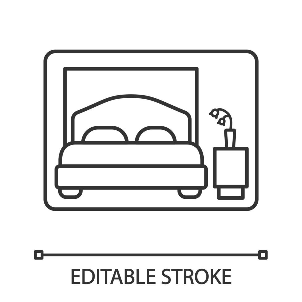 icône linéaire de chambre à coucher. chambre double. illustration de la ligne mince. chambre d'hôtel. cabine de bateau de croisière. symbole de contour. dessin de contour isolé de vecteur. trait modifiable vecteur