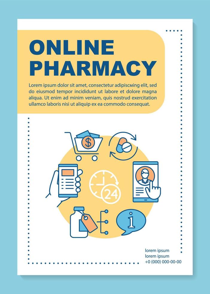 mise en page du modèle d'affiche de pharmacie en ligne. pharmacie e-shopping, commande. bannière, livret, conception d'impression de dépliant avec des icônes linéaires. mises en page de brochures vectorielles pour magazines, dépliants publicitaires vecteur