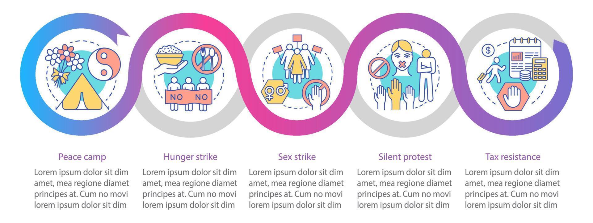 modèle d'infographie vectorielle de protestation pacifique. éléments de conception de présentation d'entreprise. visualisation des données avec cinq étapes et options. graphique chronologique du processus. mise en page du flux de travail avec des icônes linéaires vecteur