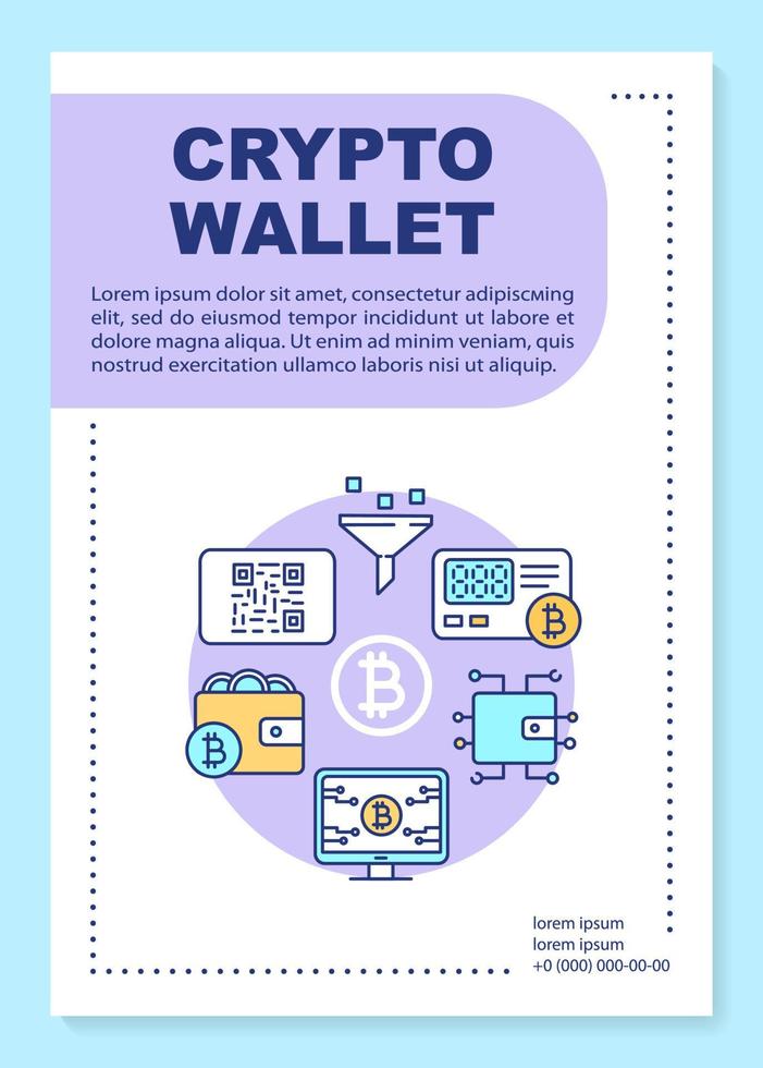 mise en page du modèle d'affiche de portefeuille de crypto-monnaie. transactions cryptographiques. argent virtuel. bannière, livret, conception d'impression de dépliant avec des icônes linéaires vecteur mises en page de brochures pour magazines, dépliants publicitaires