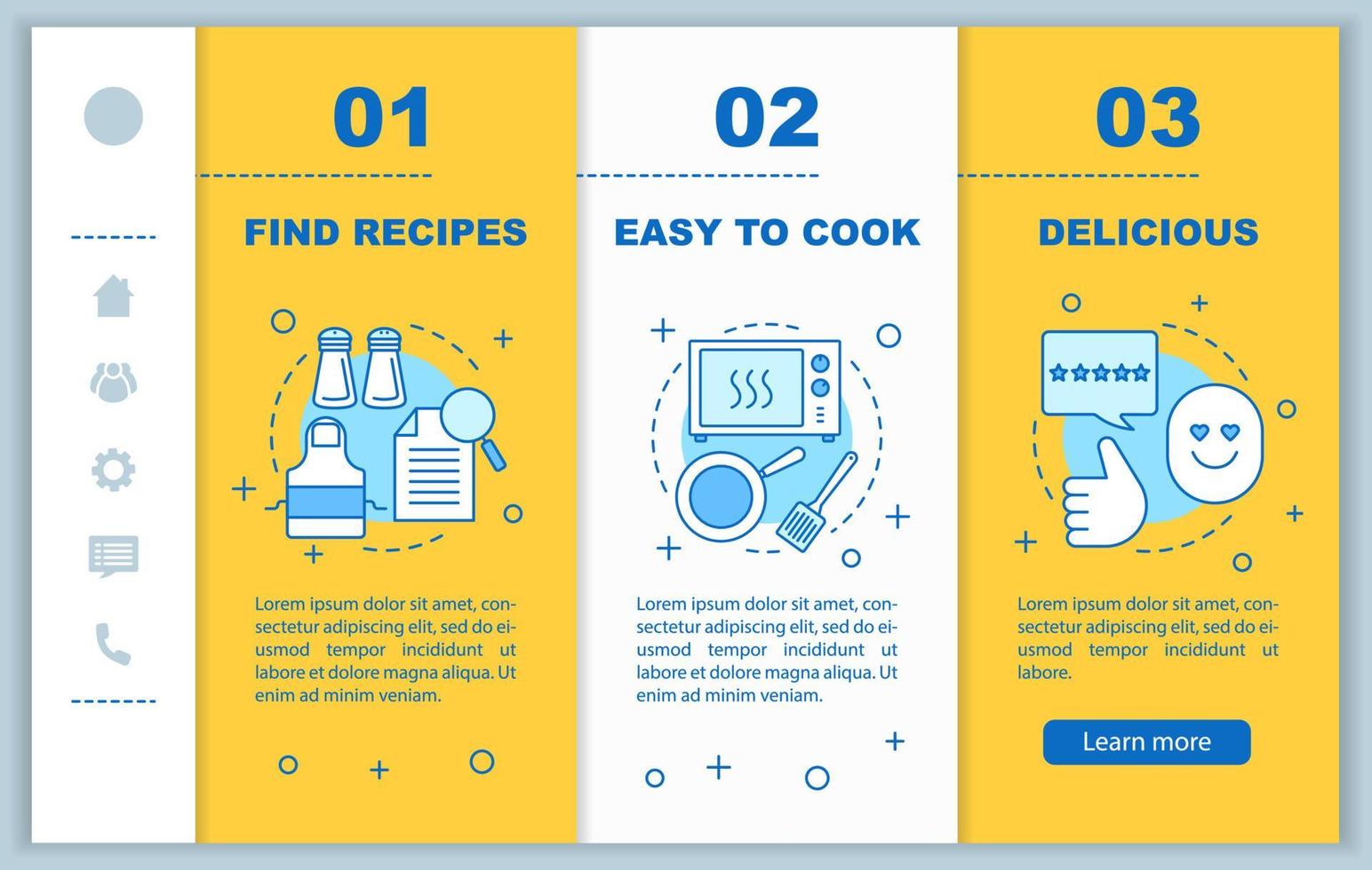 modèle de vecteur de pages Web mobiles d'intégration de cuisine alimentaire. trouver des recettes, préparation de repas, plat délicieux. interface de site Web de smartphone réactif. écrans pas à pas de la page Web. notion de couleur