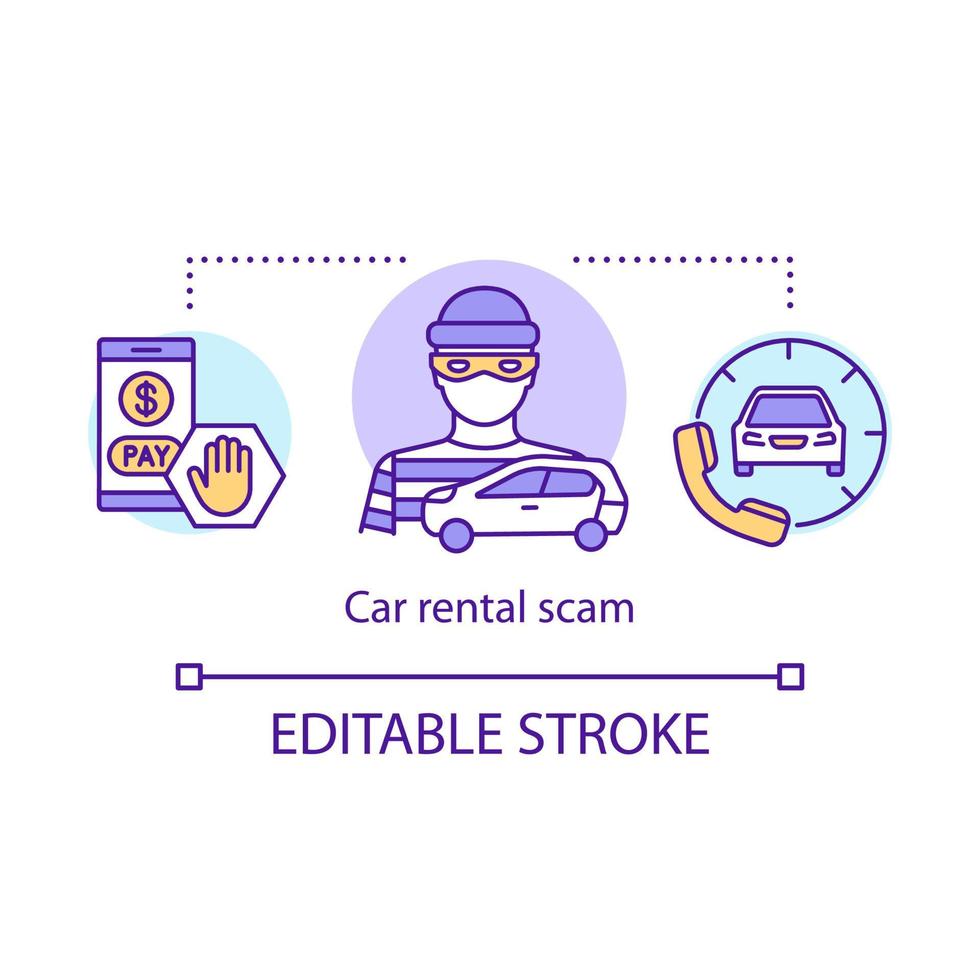 icône de concept d'escroquerie de location de voiture. illustration de la ligne mince de l'idée de vol automatique. fausse société de location. actions illégales, vol d'argent. enfreindre la loi. dessin de contour isolé de vecteur. trait modifiable vecteur