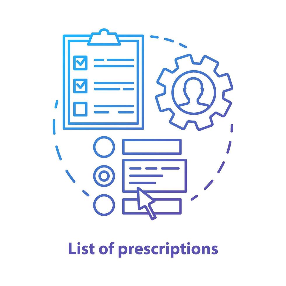 icône de concept de liste d'ordonnances. mémo, notes idée fine ligne illustration. outil d'organisation de médicaments en ligne. garder une trace de l'utilisation quotidienne des médicaments. dessin de contour isolé de vecteur