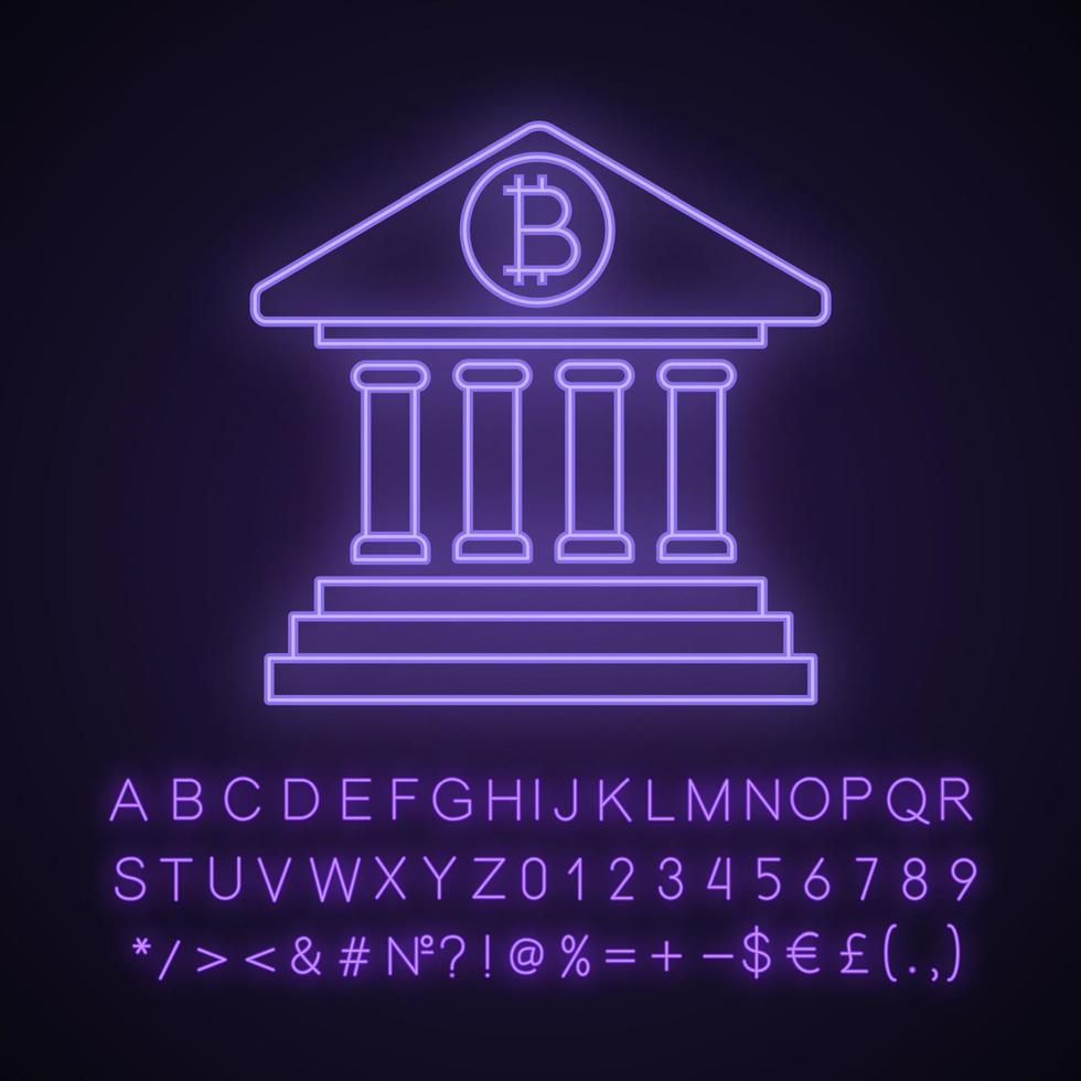 icône de néon bancaire bitcoin. solde du compte en crypto-monnaie. e paiement. services bancaires en ligne. signe lumineux avec alphabet, chiffres et symboles. illustration vectorielle isolée vecteur