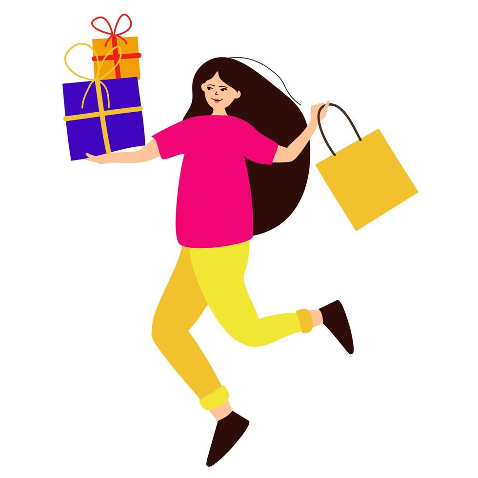 femme en voyage de shopping avec un sac à provisions et des cadeaux. illustration vectorielle. vecteur