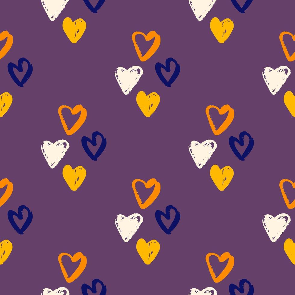 modèle sans couture simple avec des silhouettes de coeur dessinés à la main. fond violet avec ornement d'amour orange, bleu, jaune et blanc. vecteur