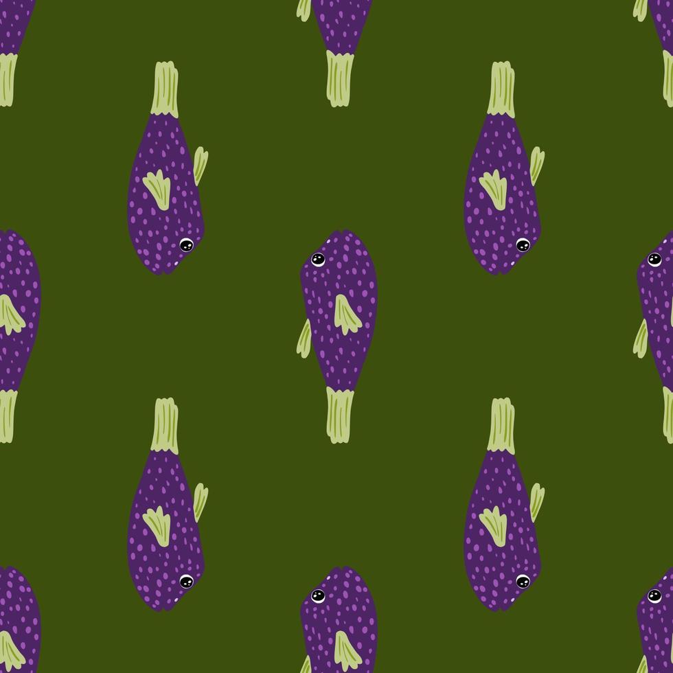 motif sans couture tacheté violet avec impression de silhouettes de poissons doodle. impression de la faune de l'océan. fond vert. vecteur