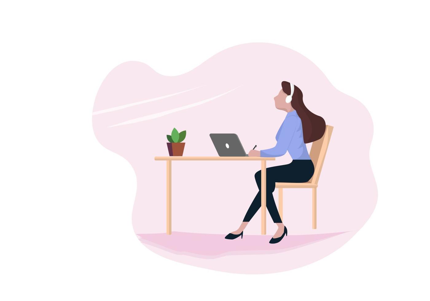 une femme d'affaires utilisant un ordinateur portable assis à une table portant des écouteurs pour se détendre processus de travail femme personnage de dessin animé illustration vectorielle plane vecteur