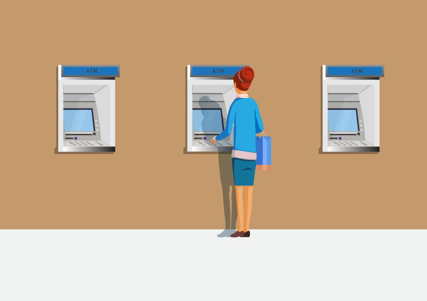 femme retirant de l'argent d'un guichet automatique le lieu du service se trouve dans un certain nombre de kiosques publics. vecteur