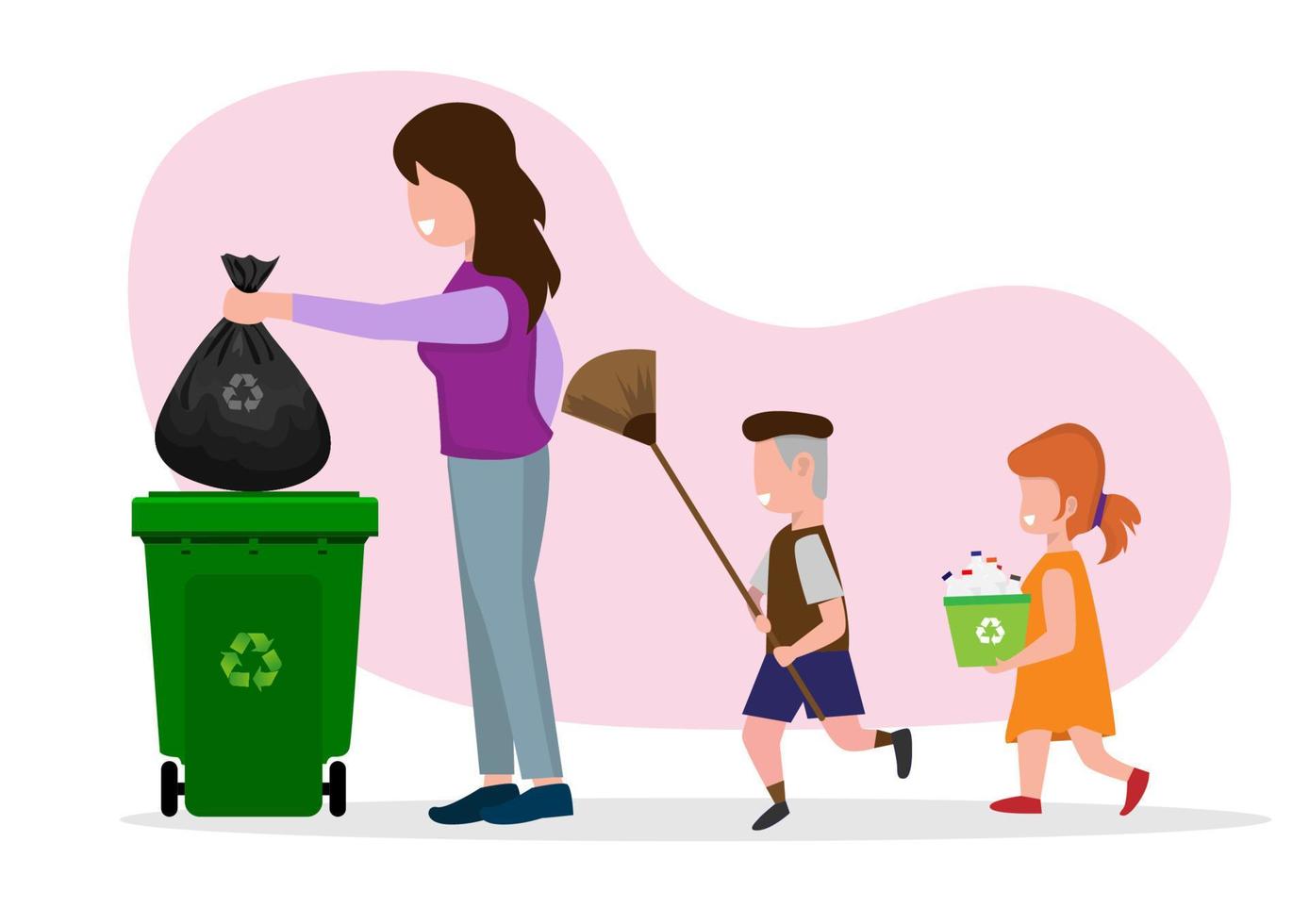 une femme au foyer porte un sac poubelle en plastique noir avec son fils et sa fille avec des boîtes de bouteilles en plastique à jeter dans les bacs de recyclage. vecteur