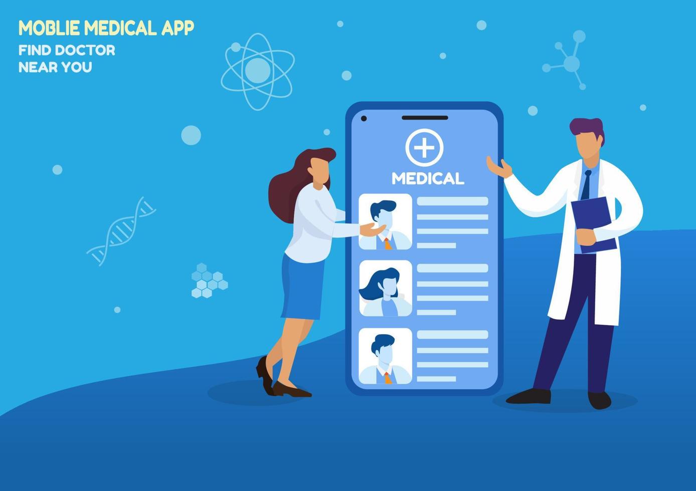 application mobile pour rechercher des médecins à proximité avec vous. vecteur d'illustration de dessin animé de style plat