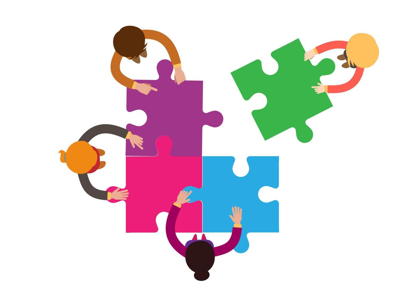 inspiration, partenariat, team building et stratégie. le travail d'équipe d'entreprise relie les pièces du puzzle ensemble. vecteur d'illustration de dessin animé de style plat