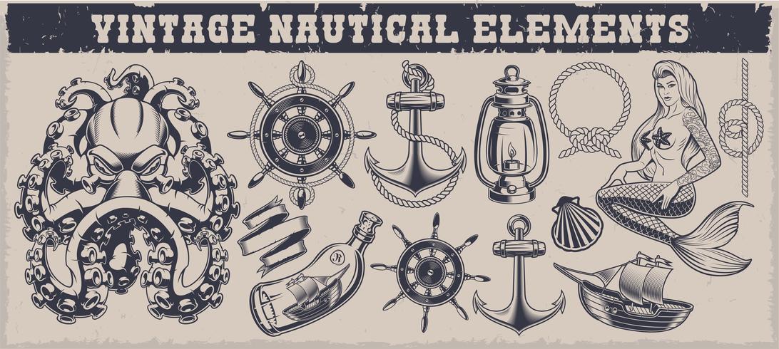 Ensemble d&#39;éléments nautiques vintage noir et blancs vecteur