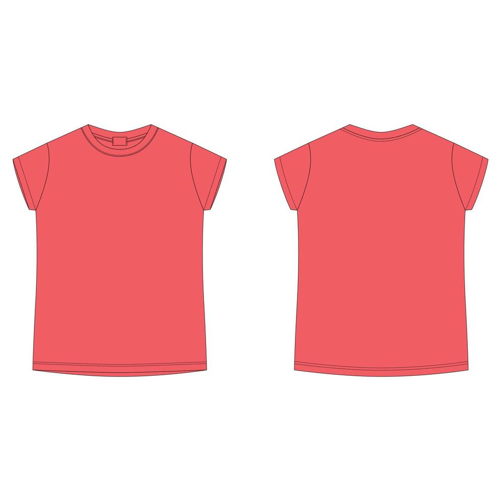 modèle vierge de t-shirt de couleur rouge vif. tee-shirt de croquis technique pour enfants isolé. style enfant décontracté. avant et arrière. vecteur